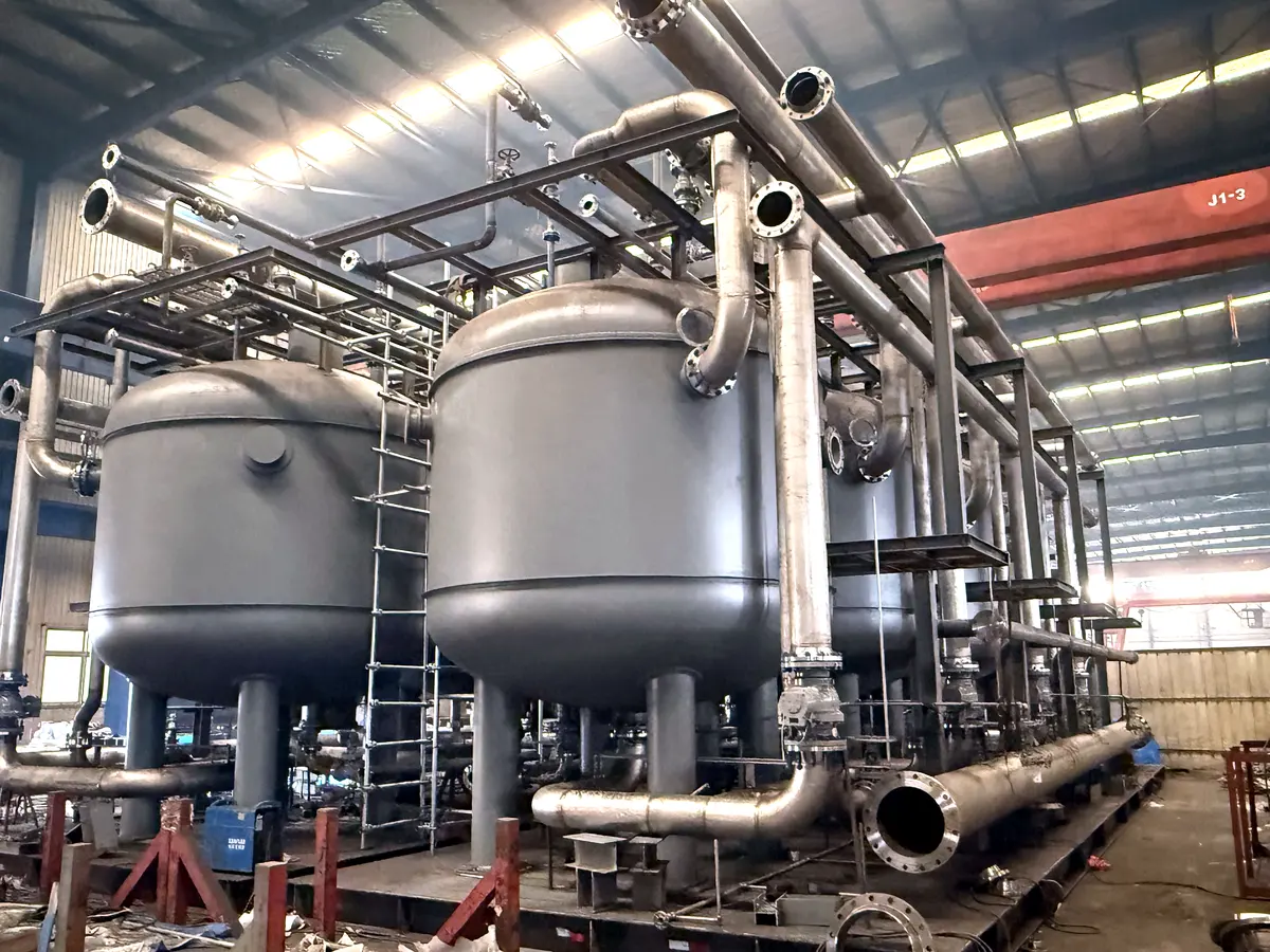 Three grey vessels with piping and a ladder on a skid base inside the hall